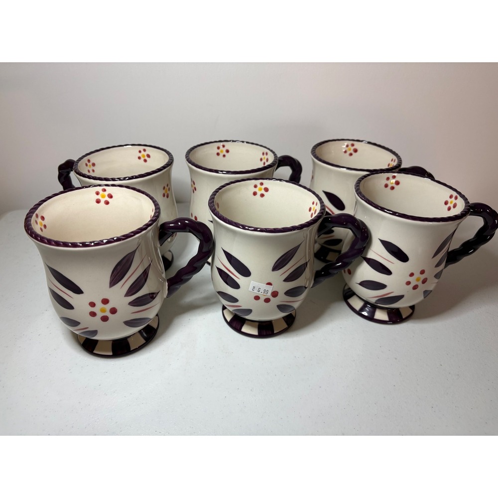Lot of 6 Temp-Tations Old World Eggplant Purple Pedestal Coffee Mugs 16oz Tara